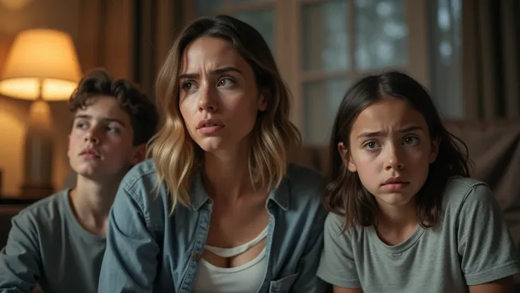 Ultra-realistic portrait of a family sitting in a living room, with expressions of worry and tension. The 40-year-old mother has light brown hair and expressive eyes, while the two teenagers, a boy and a girl, show signs of frustration and fear. Everyone i...