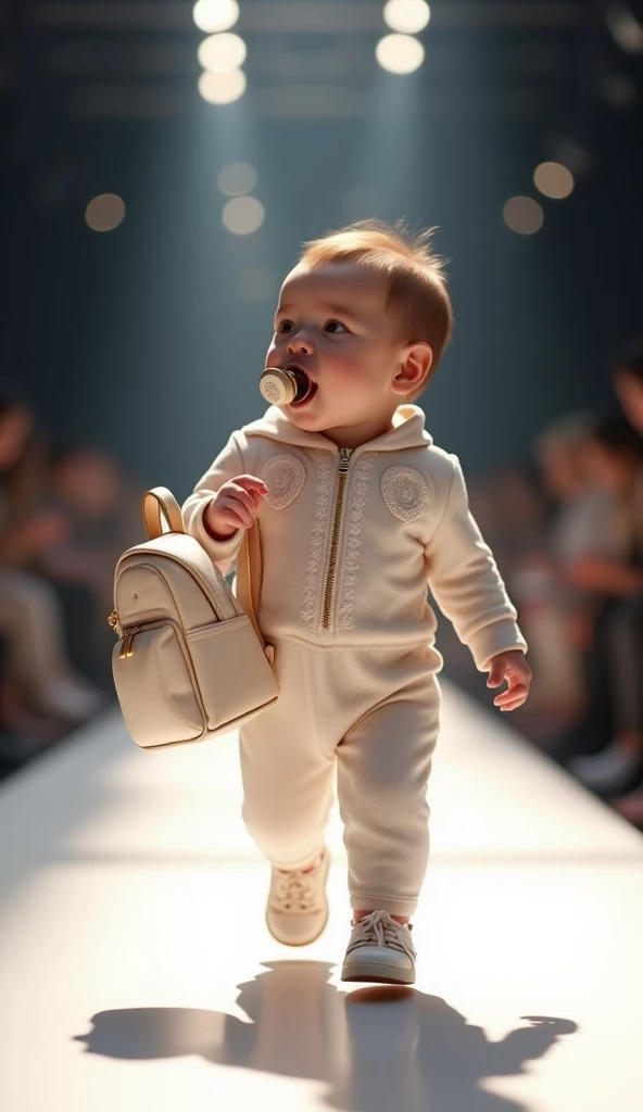 A fashion show where a newborn baby girl walks around smiling and carrying a backpack while sucking on a pacifier - Ultra-realistic　Runway