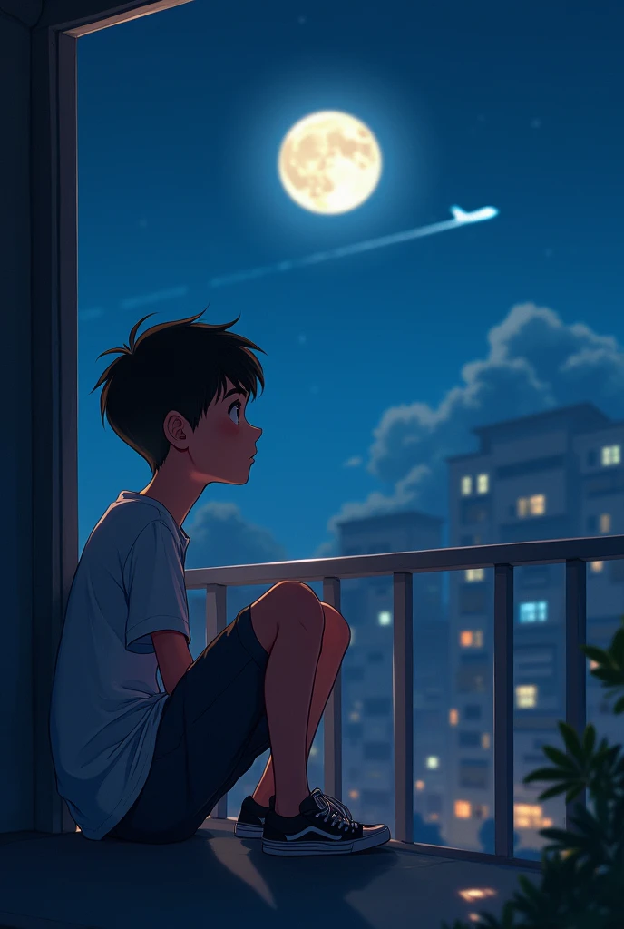 A boy sitting in the balcony, wearing t shirt and shorts, night moon is glowing, a flight is passing through the moon, soft warm light back side of the boy, 