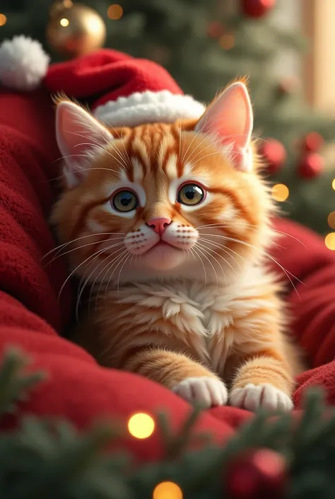 Create a realistic Christmas cat, a unique creation that conveys love and tenderness, that is available for sale.