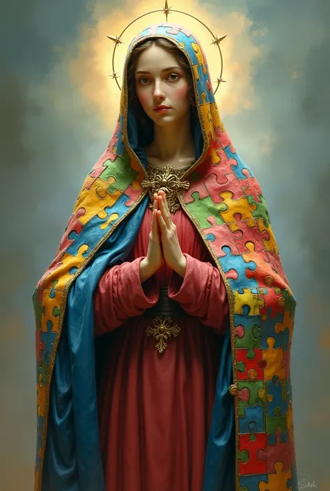 complete image of our lady of nazareth with colorful puzzle cloak
