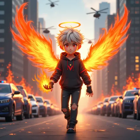 ((Hair: Grayish blonde, short-curly styled)), ((Appearance: Fair-Skinned boy, around 160cms height, lean)), ((Eyes: Bright Scarlet-red)), ((Clothes: Black long-sleeved hoodie with red stripes)), ((Under clothes: Black ripped jeans and black boots)), ((Face...