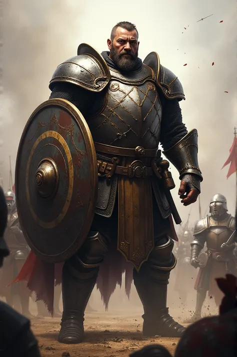 A tall and very strong military squire, who carries a large, sturdy shield and wears sturdy armor 