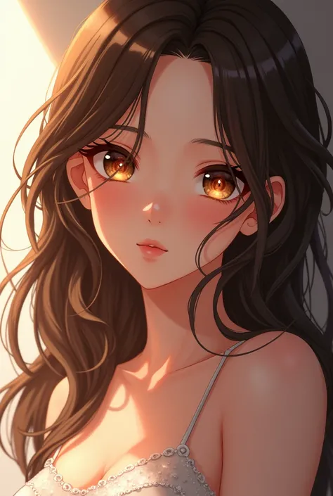 Gorgeous anime girl brown hair, light tanned skin and amber eyes