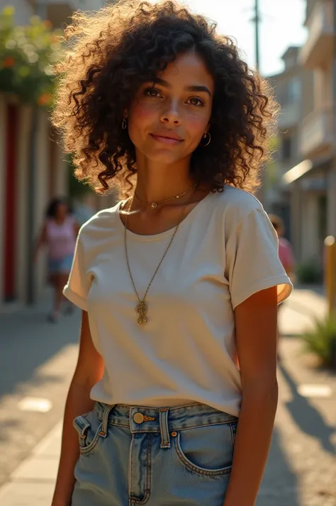 One with curly hair and freckles a brown skin and a strong muscle and a Chappie in days, t-shirt dress 