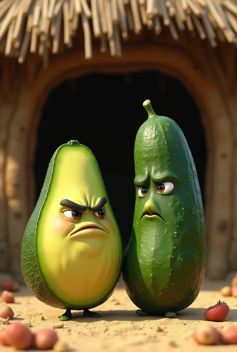 An angry-faced avocado with a sad-faced cucumber. Both are cute (They were dating but the avocado ended it) This scene must be realistic and be in front of a straw hut.
