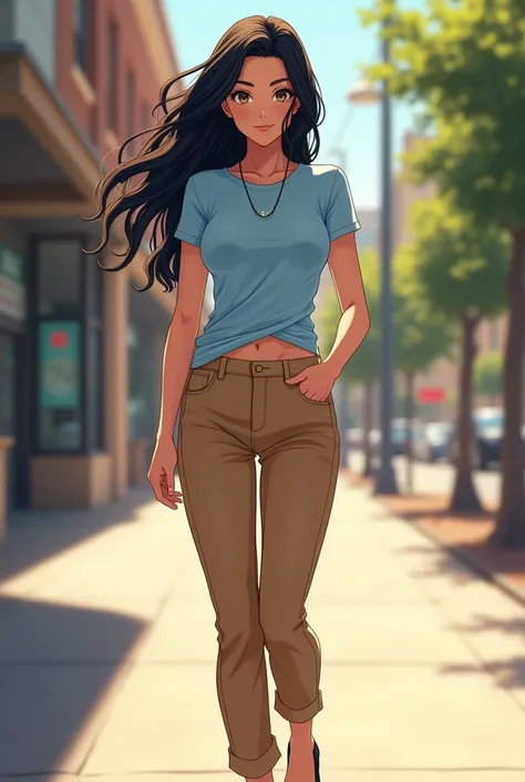 beautiful adult fit anime woman, very long wavy jet black hair, light blue t-shirt, tan side zip chino pants, small breasts, high heels, walking on the sidewalk, sunny day