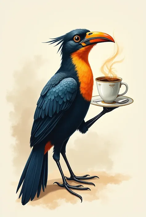 The Jacu, a bird native to Brazil, elegantly styled, with details that highlight its dark feathers and the distinct shape of its beak. The bird could be holding or interacting in some way with a spoon or a cup., referring to coffee.
