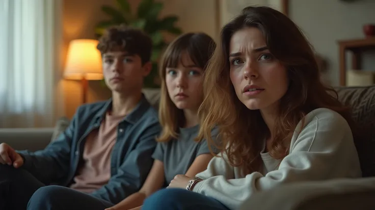 Ultra-realistic portrait of a family sitting in a living room, with expressions of worry and tension. The mother has light brown hair and expressive eyes, while the two teenagers, a boy and a girl, show signs of frustration and fear. Everyone is dressed ca...