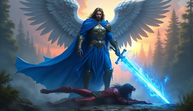 ultra realistic image of archangel michael blue tunic and cape with hood, with his blue flame sword, stepping on the head of the demon who is lying prostrate on the ground,  convey depth, and many colors in the background contrasting with the blue, in the ...