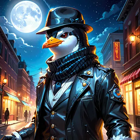 Closeup, An extremely badass anthropomorphic penguin in the night, wearing an insanely cool black leather biker jacket open, black leather waistcoat, warm scarf, snazzy black striped fedora, posing dynamically, looking like an absolute boss, insanely beaut...