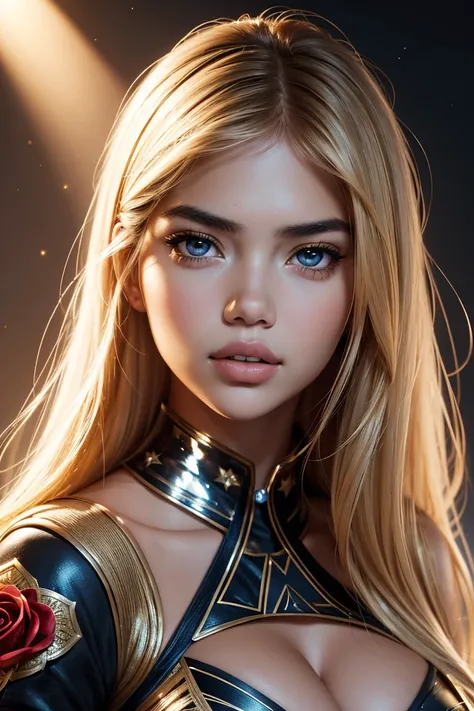 cute, Ultra-detailed photos of beautiful 20-year-old women, Detailed face (Kate Upton Mix, Adriana Lima and Rose Bertram), Wearing a star costume made of amazing fabric. Professional touch-up, Soft lighting, Realistic, Smooth face, Perfect Eyes, Sharp focu...