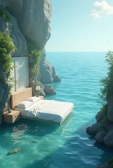 Bedroom melting into the ocean, 4k