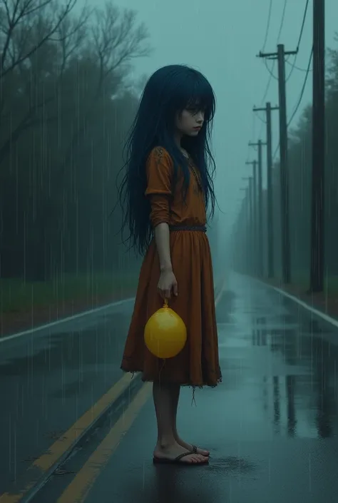 Middle of the rainy midnight there is  with long blue dark hair with her pony covering her right eye dirty orange brown dress standing on the middle of road while holding a yellow ballon