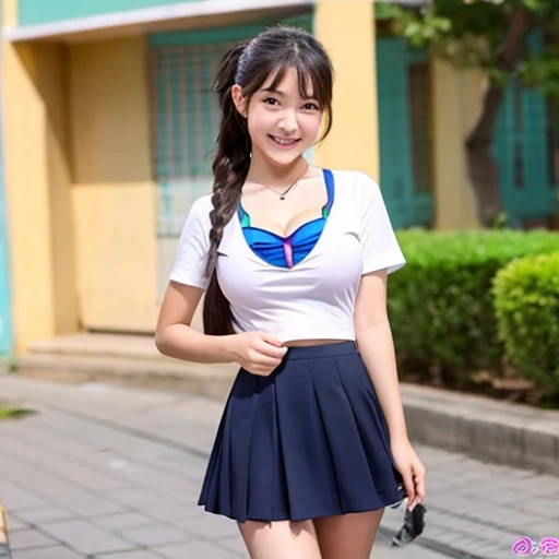 Asian Cute, , Primary school students, T-shirt and short skirt, Big Breasts, Baby Face, Exposing cleavage, alone, smile、ponytail、Side Tail、whole body