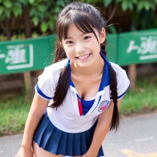 Asian Cute, , Primary school students, T-shirt and short skirt, Big Breasts, Baby Face, Exposing cleavage, alone, smile、ponytail、Side Tail、whole body