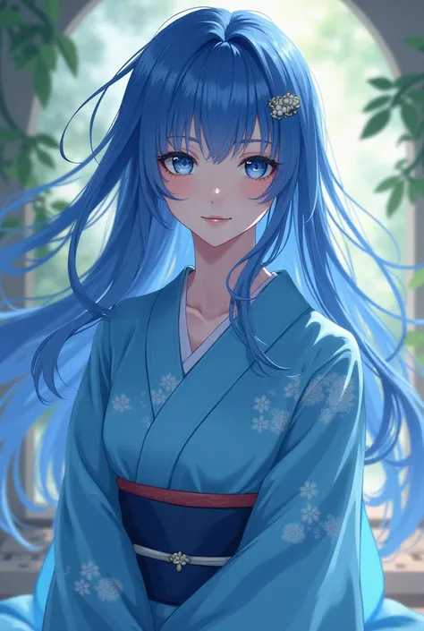 Blue hair, blue eyes, wearing a yukata 