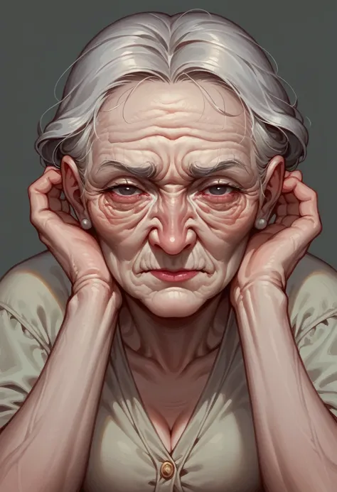 score_9, score_8_up, score_7_up,1girl, solo, woman elderly wrinkles, gray background, (head down in front of viewer, viewing top of scalp) [[[[[face]]]]]
