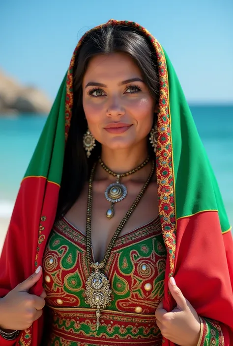  Close up, beautiful and attractive woman, plump, wearing a Kabyle, Berber, Amazigh costume, woman holding the Algerian flag over her shoulders, bijou, Kabyle dress, attractive, high resolution, best, oudiya, Amazigh costume, beautiful blue beach backgroun...