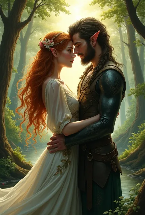 Make a cover for a romance book between a wood elf and an iron city elf