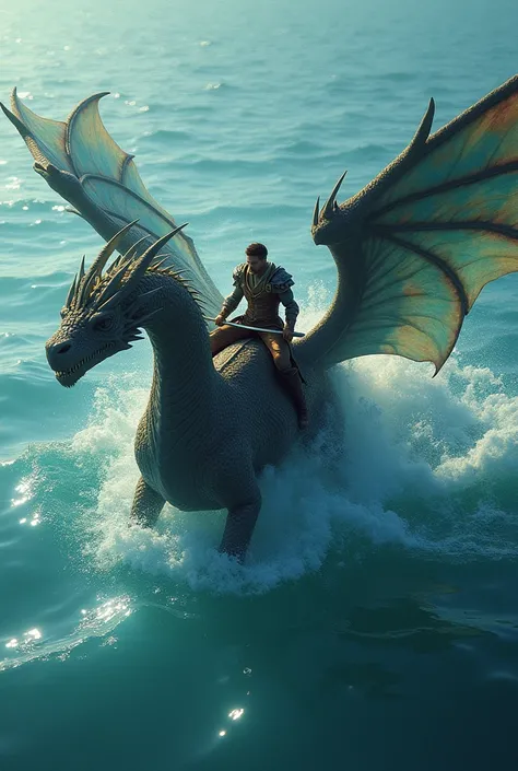 a warrior sitting on a giant creature and riding it in the water, with wings spread wide in the water, camera positioned just above the water to capture this beautiful scene, surface showing intricate details of the creature’s scales, fins, and wings, maje...