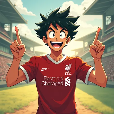 A young man smiles Toriyama Akira style and gives a two-finger salute while wearing a Liverpool shirt. standing in cartoon style illustration Detailed and colorful Dynamic photography, realistic high-quality colorful poses.