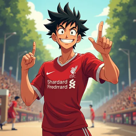 A young man smiles Toriyama Akira style and gives a two-finger salute while wearing a Liverpool shirt. standing in cartoon style illustration Detailed and colorful Dynamic photography, realistic high-quality colorful poses.