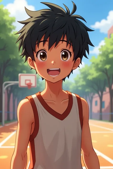 A boy named Haru has short black hair that often looks a little messy., dark brown eyes, and a cheerful smile that always makes people feel comfortable. He has a medium and athletic body posture because he likes playing basketball..