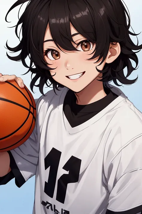 A boy named Haru has short black hair that often looks a little messy., dark brown eyes, and a cheerful smile that always makes people feel comfortable. He has a medium and athletic body posture because he likes playing basketball..