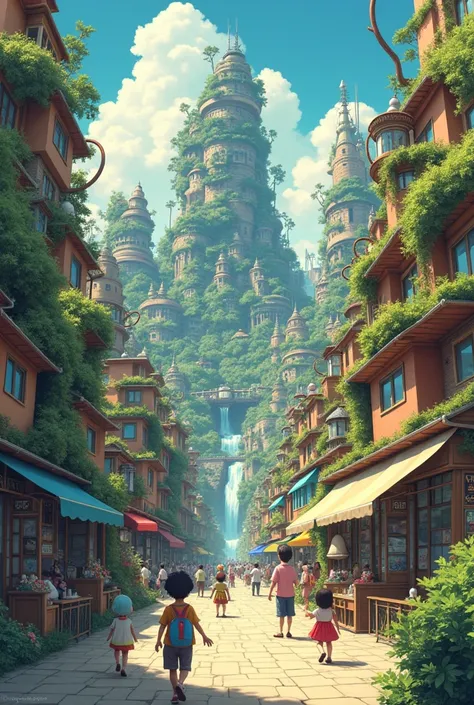 Hayao Miyazakis art style city scenaries 