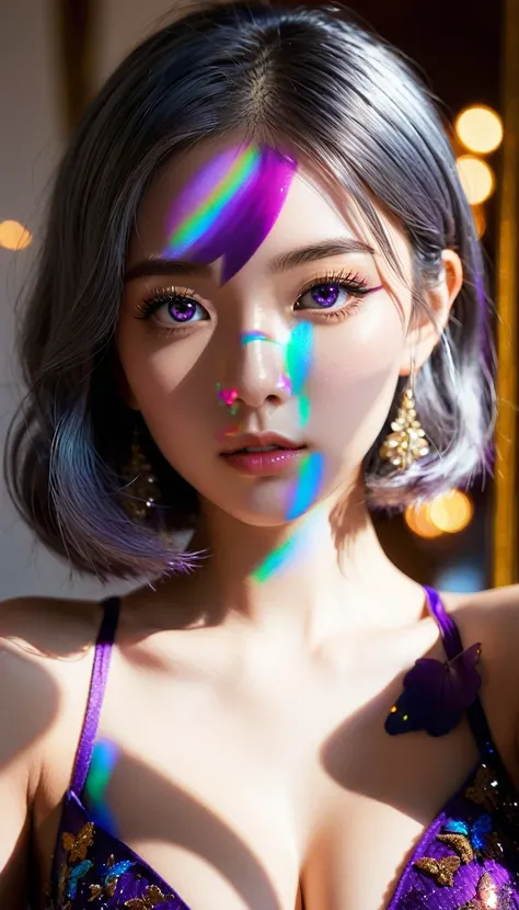 masterpiece, glowing particles, ambient lights, cute, full body detailed, 32K, high details, perfect lighting, perfect anatomy, soft light, full body, BREAK ((shiny silver hair)), bob cut, bang between eyes, beautiful hair), (glossy silver eyes:1.5), (beau...