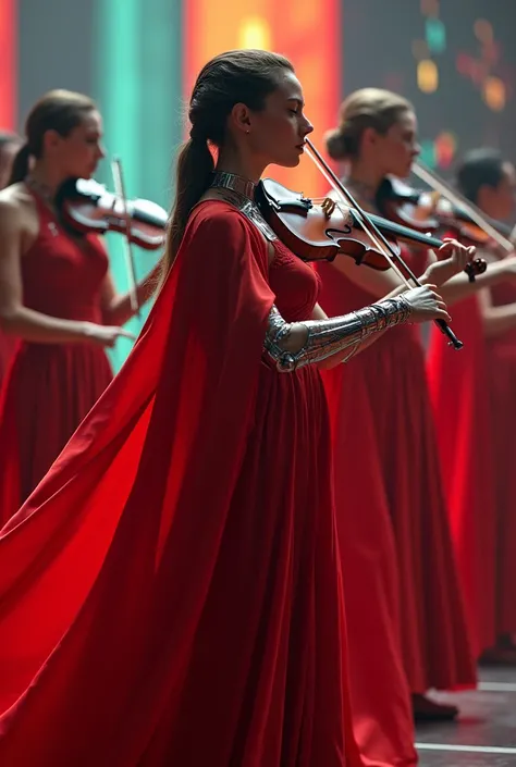 Cyborg wemen orchestra playing violencelle and all of them wearing red cape,vivid cinematic4k colors