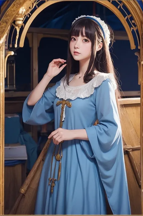 girl　Blue clothes　Medieval Europe　anime　Profile Ghibli style