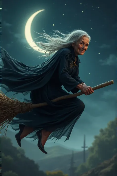 Old witch flying on broom with flowing cape 