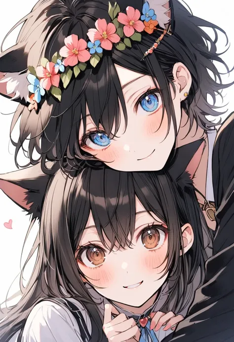 2 people 1 person（Cat ears Brown hair Brown eyes Uniform(pink、light blue) Long Hair Flower Crown ）Second Person（Male, black hair, blue eyes, cat ears, black hoodie） The two are dating and in love
