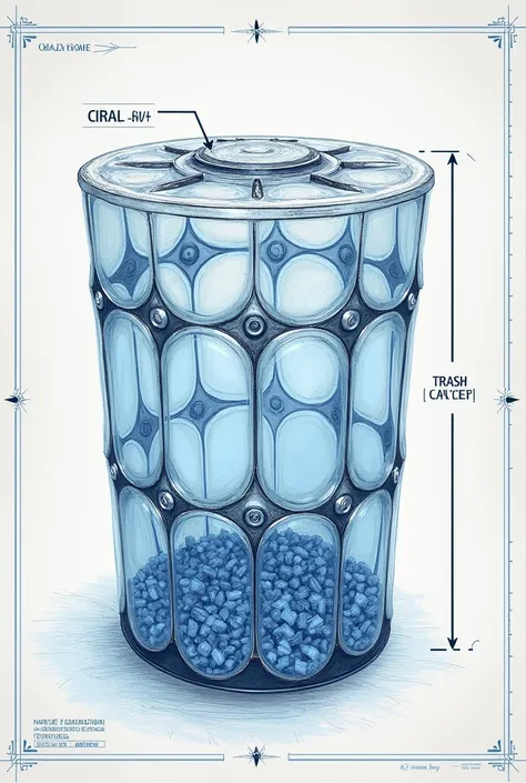 Make me a blueprint sketch of a trash can made from used plastic bottles Filled with small pieces of plastic arranged in a circle 