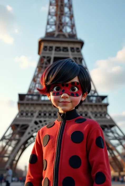  Create a  teenage boy with side-swept hair and dark skin, a ladybug costume with a ladybug face mask and 3A hair with red highlights under the Eiffel Tower