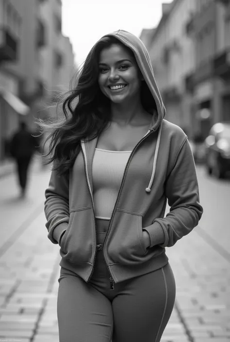 image noir et blanc,Femme naturelle un peu ronde,et souriante dans la rue, en jogging couleur gris nardo, moulant, avec une capuche sur la tete et les cheveux long. Belle poitrine moyenne visible parce que la veste jogging est à moitié ouverte. Jolie fessi...