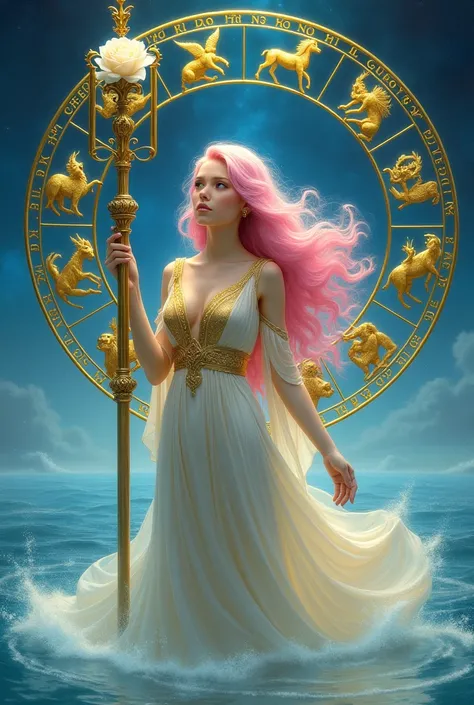 In the circle of 12 zodiac sign there is long pink hair woman with blue sea and gold ancient greek outfit holding a long staff with white rose on the top of staff