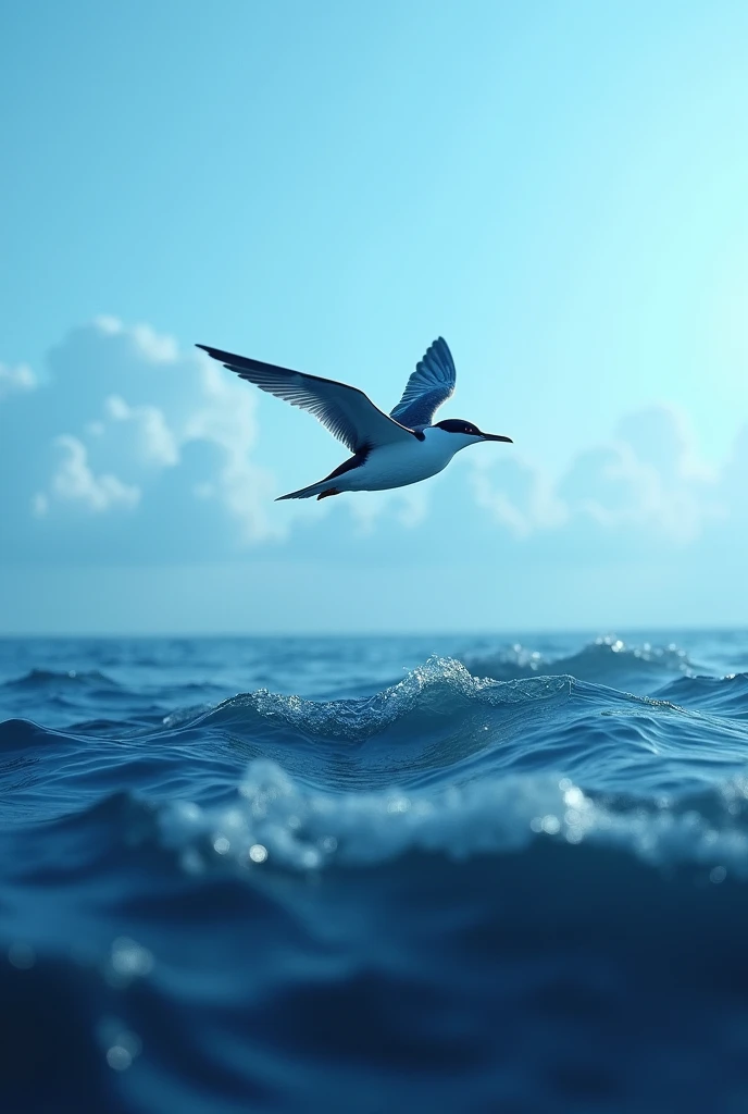 A small black and white seabird, flying over the blue waves of the ocean.