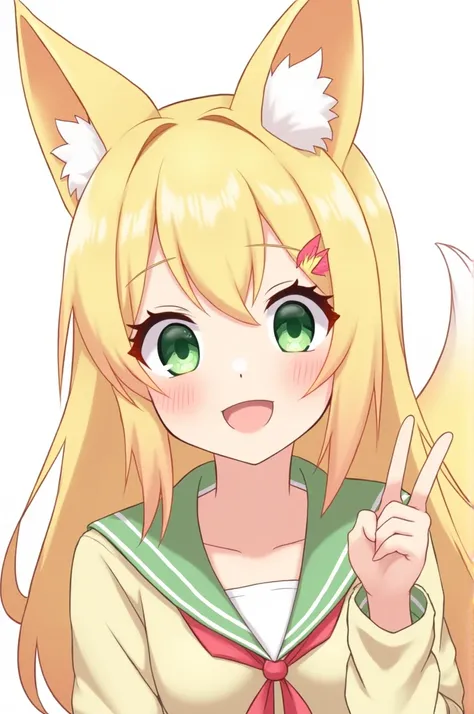 Light blonde anime girl, greeneyes, red highlights in the front of the hair, blonde fox ears, ssmile