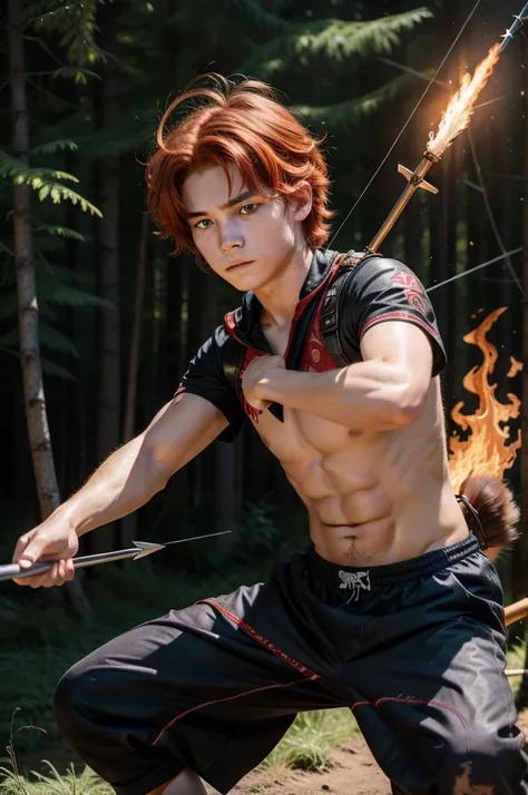 Boy, teenager, hair on fire, indigenous, bow and arrow, forest, Red eyes, Fire, Red hair, 