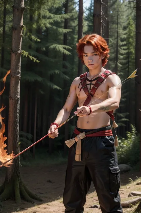 Boy, teenager, hair on fire, indigenous, bow and arrow, forest, Red eyes, Fire, Red hair, 