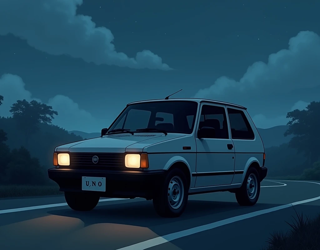 Fiat uno style car with black windows, night with cloudy sky on a road side view in Anime style