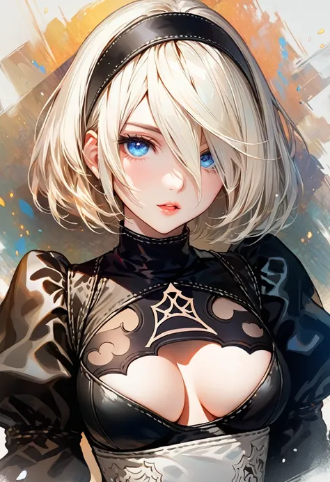 {(masterpiece,best quality, 16K portrait, UHD, extremely detailed the work, detailed beautiful face and eyes and skin and hair)} 
BREAK {(Yoshitaka-Amano style:1.6)} 
BREAK {1 woman, 30-yo,(2B of Nier-Automa:1.2), (lightbrown-lightwhite colored hair:1.4, s...