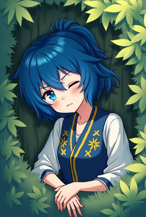 short hair, has a ponytail on the side, blue hair color, blue eyes color, white skin color, sleeping in a tree, while wearing the uniform of a demon slayer,kimetsu no yaiba style