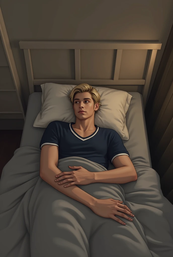 1 man, young man, 2, Leon S. Kennedy from the movie "Resident Evil 4", Eudard Badalutas face, solo, Dark blonde hair, Curtain hairstyle, navy t-shirt, lying on the bed, sporty, volumetric lighting, depth of field. 