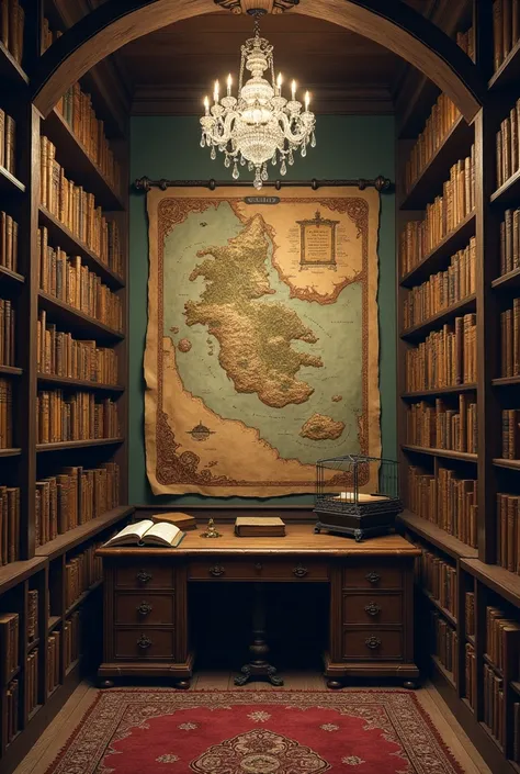 The library is a compact room, with two shelves that extend to the ceiling, filled with ancient books and dust-covered scrolls. A crystal chandelier hanging in the center of the room glows with a soft light., illuminating the shadows. There is a large map ...