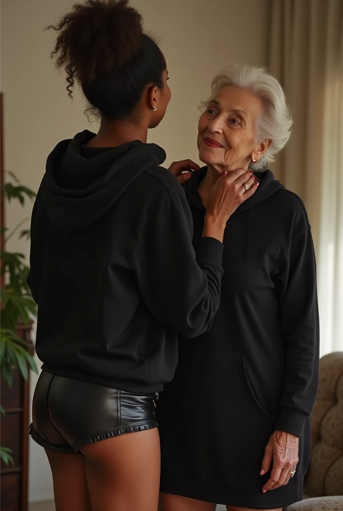 black woman hair in a bun black hoodie black leather short shorts getting fucked in the ass by a old age white grandma in a dress in a living room 