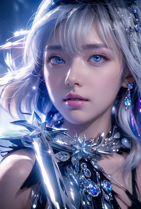 One girl, High-resolution model, White Hair，Purple right eye，Left eye blue，Your eyes shine like jewels，water droplets，Starlight，Long Hair, 